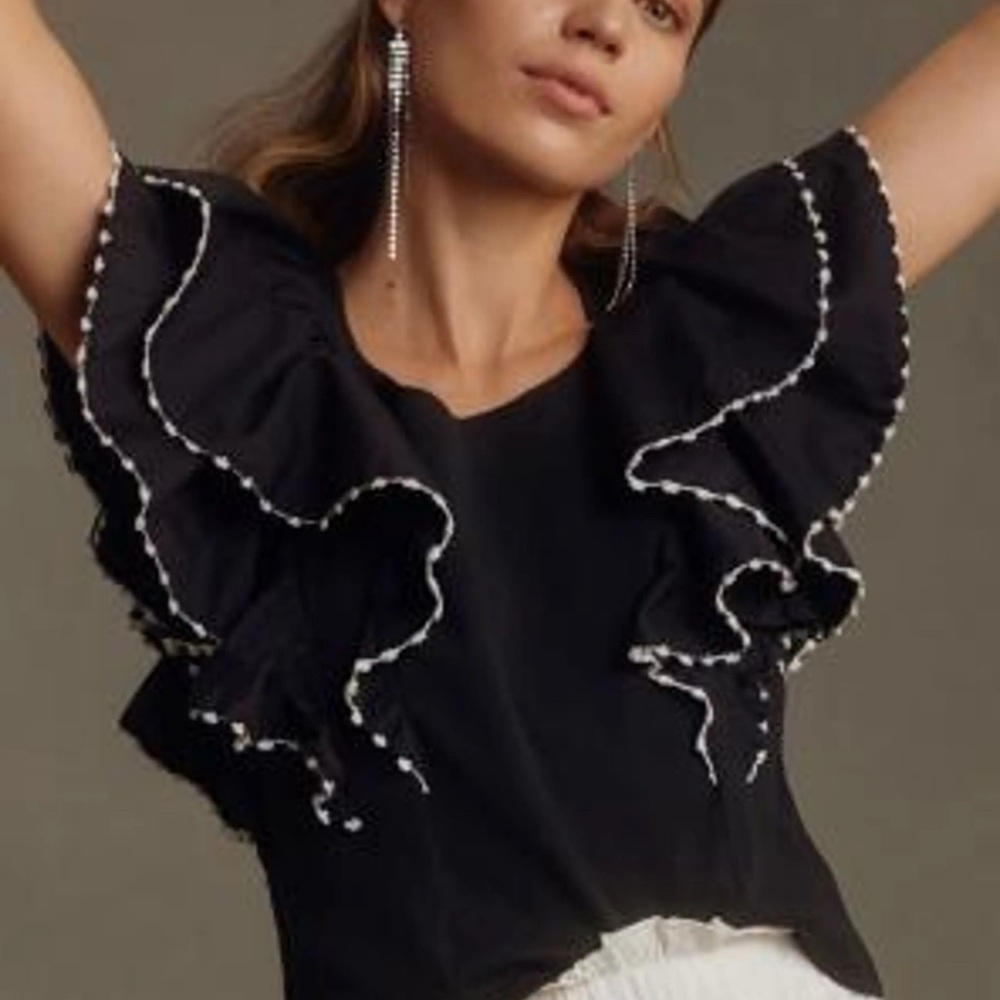 Anthropologie Black Ruffle Top